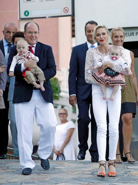Prince Albert II and his wife Princess Charlene of Monaco arrive with their twins, Prince Jacques and Princess Gabriella, to take part in the traditional "Pique Nique Monegasque" (Monaco's picnic) in Monaco