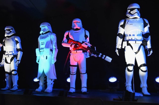 HOLLYWOOD, CA - DECEMBER 14: Stormtrooper costumes on display at the premiere of Walt Disney Pictures and Lucasfilm's "Star Wars: The Force Awakens" at the Dolby Theatre on December 14th, 2015 in Hollywood, California.   Jason Merritt/Getty Images/AFP