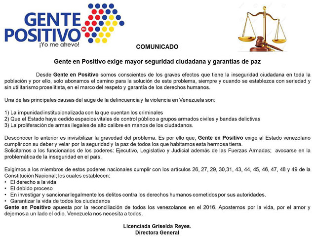 Gente en Positivo exige mayor seguridad ciudadana y garantías de paz