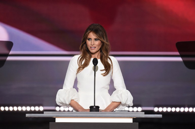 Melania Trump, wife of presumptive Republican presidential candidate Donald Trump, addresses delegates on the first day of the Republican National Convention on July 18, 2016 at Quicken Loans Arena in Cleveland, Ohio. The Republican Party opened its national convention, kicking off a four-day political jamboree that will anoint billionaire Donald Trump as its presidential nominee. / AFP PHOTO / Robyn BECK