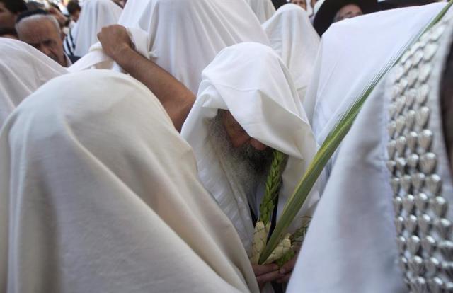 Miles de judíos ultraortodoxos rezan en el Muro de las Lamentaciones en Jerusalén, Israel, durante una de las celebraciones de la fiesta judía del "Sucot" (foto EFE / Abir Sultan)