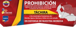Prohibición temporal de venta de bienes en Táchira, Mérida, Apure, Barinas y Zulia