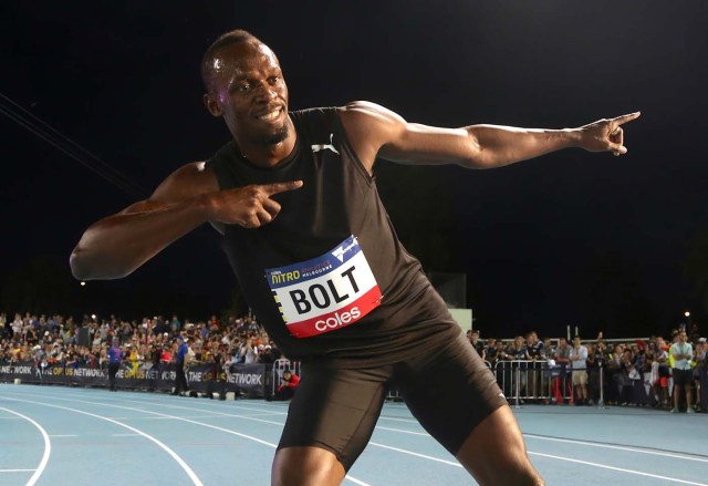 Jamaica's Olympic champion Usain Bolt poses after running during the final night of the Nitro Athletics series at the Lakeside Stadium in Melbourne, Australia, February 11, 2017. REUTERS/Hamish Blair