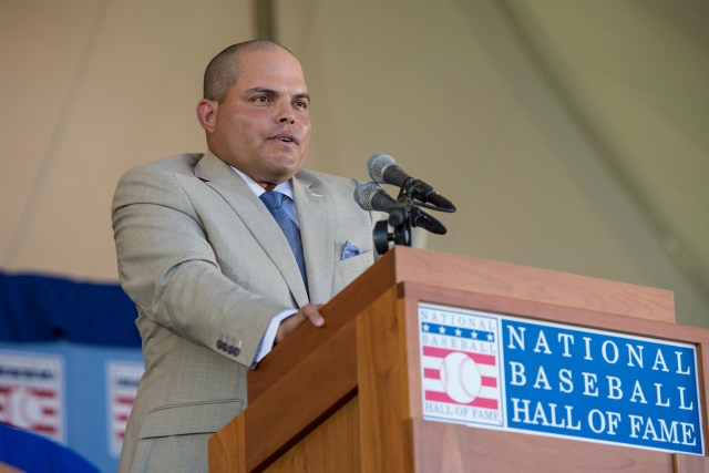 Jul 30, 2017; Cooperstown, NY, USA; Hall of Fame Inductee Ivan Rodriguez making his acceptance speech at Clark Sports Center. Mandatory Credit: Gregory J. Fisher-USA TODAY Sports