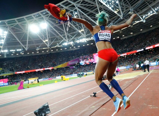 Athletics - World Athletics Championships – women’s triple jump final – London Stadium, London, Britain – August 7, 2017 – Yulimar Rojas of Venezuela reacts after winning the final. REUTERS/Kai Pfaffenbach