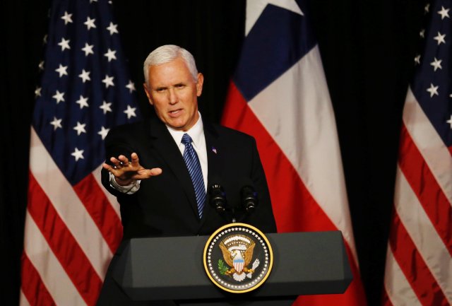 U.S. Vice President Mike Pence delivers a speech during a meet with members of  the US Chamber of Commerce, the Association of North American Chambers of Commerce of Latin America (AACCLA) and the Chilean-North American Chamber (AmCham Chile) at Santiago, Chile  August 16, 2017. REUTERS/Rodrigo Garrido