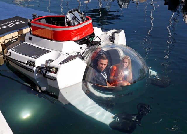 Visitors are seen aboard a Super Yacht Sub 3 submarine during the Monaco Yacht show, one of the most prestigious pleasure boat show in the world, highlighting hundreds of yachts for the luxury yachting industry and welcomes 580 leading companies, in the port of Monaco, September 27, 2017. REUTERS/Eric Gaillard