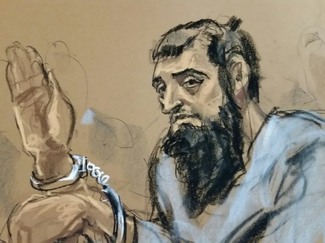 Sayfullo Saipov, el sospechoso del ataque de camiones en la ciudad de Nueva York, aparece en el boceto de un tribunal que aparece en el tribunal federal de Manhattan en una silla de ruedas en Nueva York, NY, EE.UU., 1 de noviembre de 2017. REUTERS / Jane Rosenberg PARA USO EDITORIAL SOLAMENTE. NO RESALES SIN ARCHIVOS