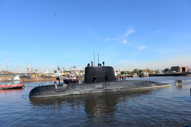 The Argentine military submarine ARA San Juan and crew are seen leaving the port of Buenos Aires, Argentina June 2, 2014. Picture taken on June 2, 2014. Armada Argentina/Handout via REUTERS ATTENTION EDITORS - THIS IMAGE WAS PROVIDED BY A THIRD PARTY.     TPX IMAGES OF THE DAY