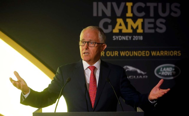Malcolm Turnbull, Prime Minister of Australia speaks at a reception celebrating the forthcoming Invictus Games Sydney 2018, attended by Britain's Prince Harry and Meghan Markle, at Australia House in London, Britain April 21, 2018. Alastair Grant/Pool via Reuters
