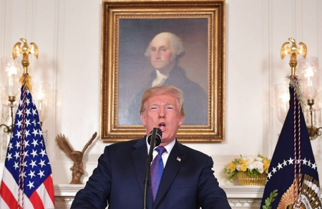 US President Donald Trump addresses the nation on the situation in Syria April 13, 2018 at the White House in Washington, DC. Trump said strikes on Syria are under way. / AFP PHOTO / Mandel NGAN