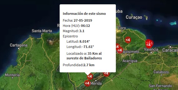 Sismo de magnitud 3.1 al sureste de Bailadores #27May