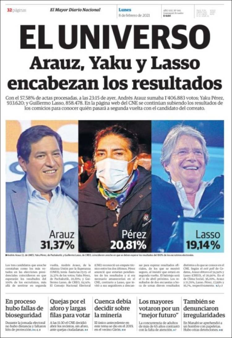 Estas son las portadas de la prensa en Ecuador tras las elecciones