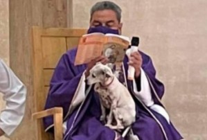 Un sacerdote oficia misa en México con su perrita en el regazo (Foto)