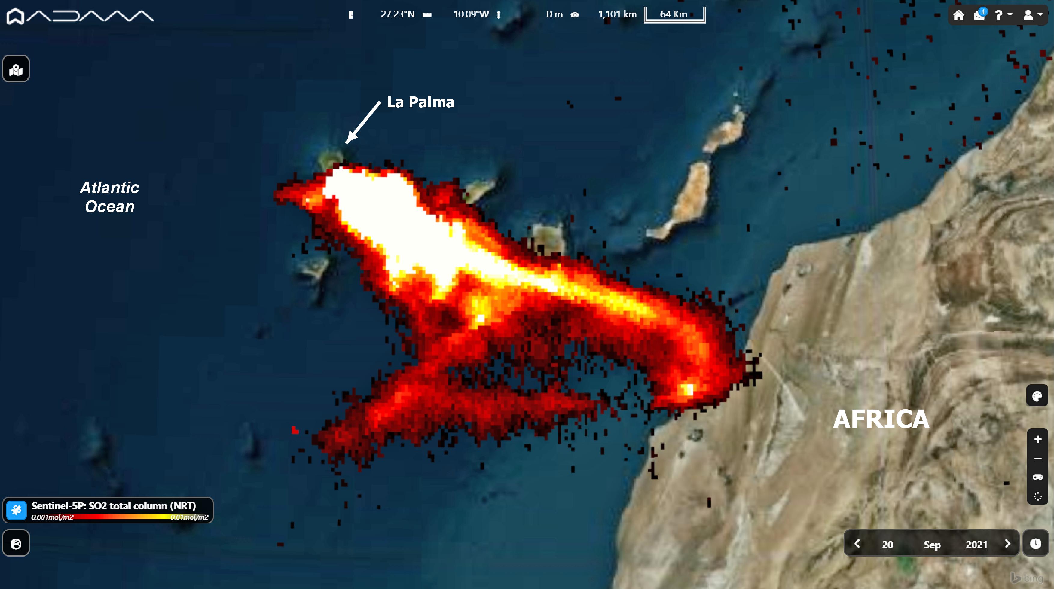 El volcán de La Palma ha emitido una gran cantidad de dióxido de azufre que llegará a Italia, Túnez y Libia
