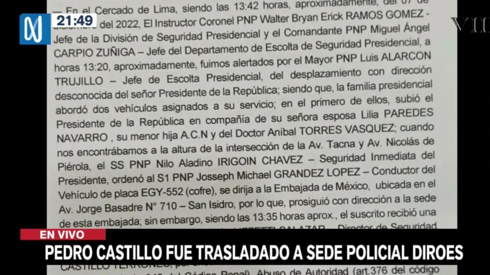 Pedro Castillo se dirigía a la Embajada de México tras autogolpe, según parte policial